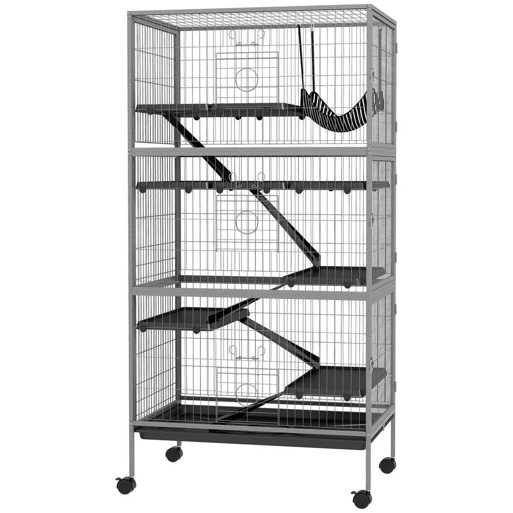 63" Tall Mobile Small Animal Habitat, Includes Hammock, Ideal for Ferrets & Chinchillas, 6 Access Doors, Removable Tray