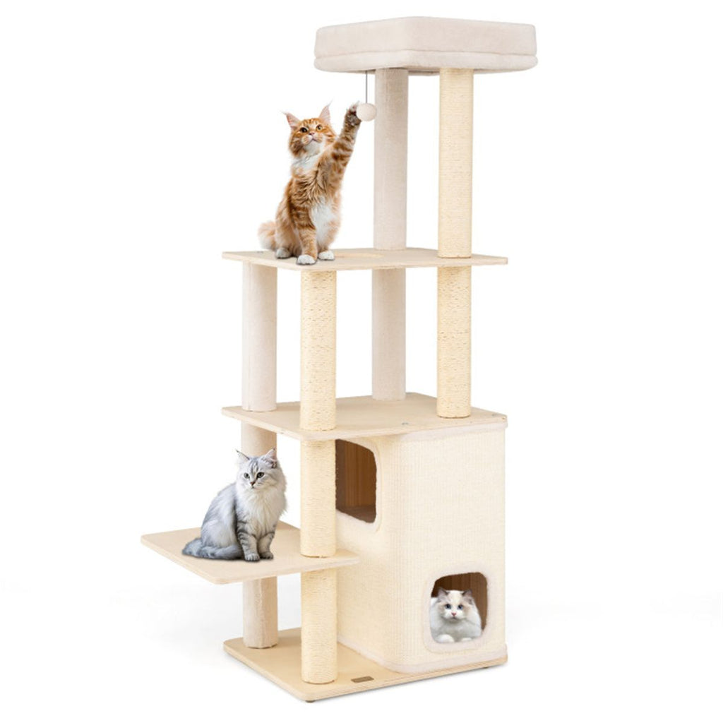 63" Wooden Cat Tree - 2-Story Condo with Bamboo Interior, 5 Sisal Scratching Posts, 44 lbs Per Layer Capacity
