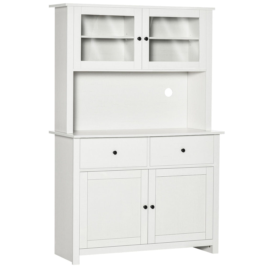 63.5" Kitchen Hutch Cabinet, Pantry Storage Cabinet with 4 Shelves, Drawers, Framed Glass Doors, Open Microwave Countertop, Antique White