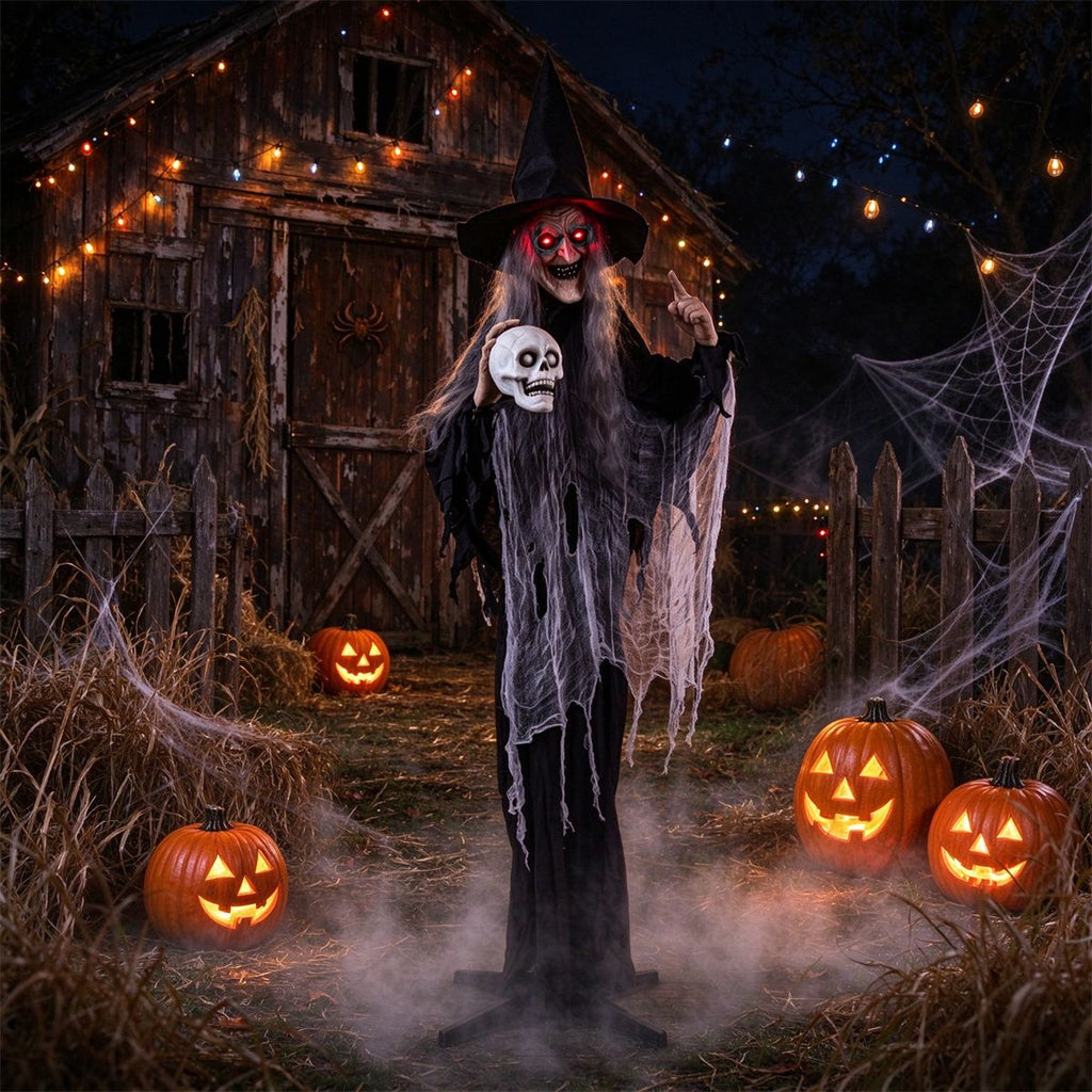 6.3FT Halloween Animatronic Witch, Sound Activated Talking Witch with Glowing Red Eyes & Poseable Arms for Haunted House Porch Decor