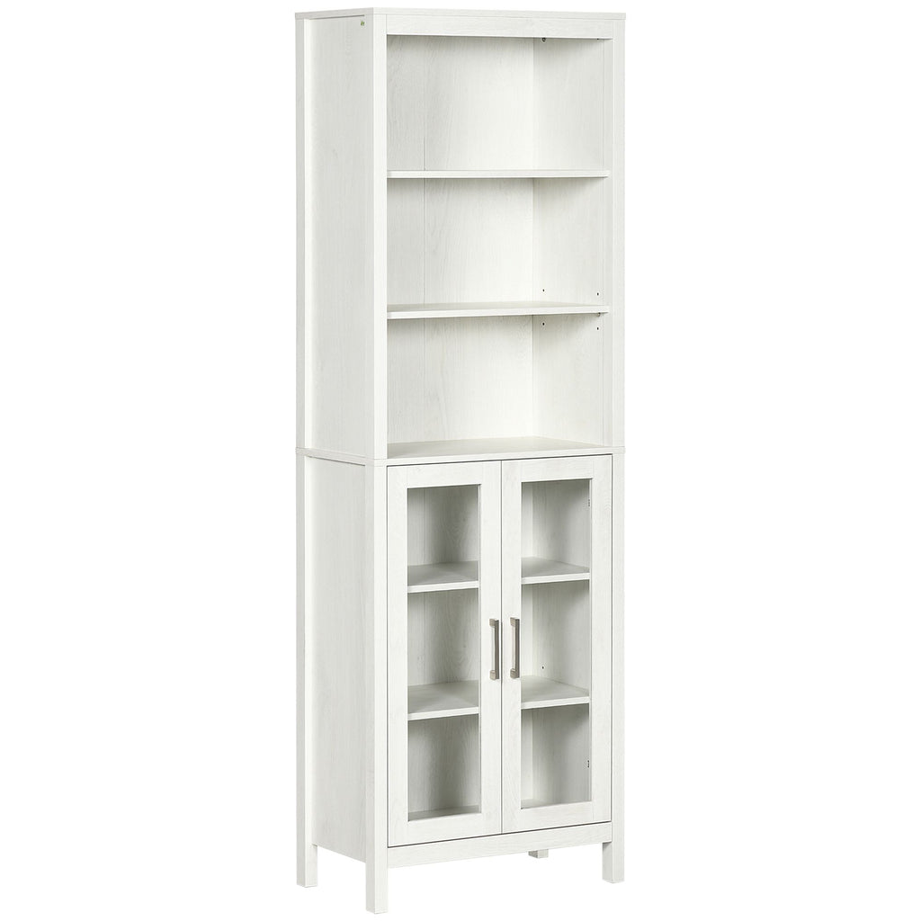 64 Tall Bathroom Storage Cabinet 6 Tier Shelf Glass Door Adjustable Shelves Antique White
