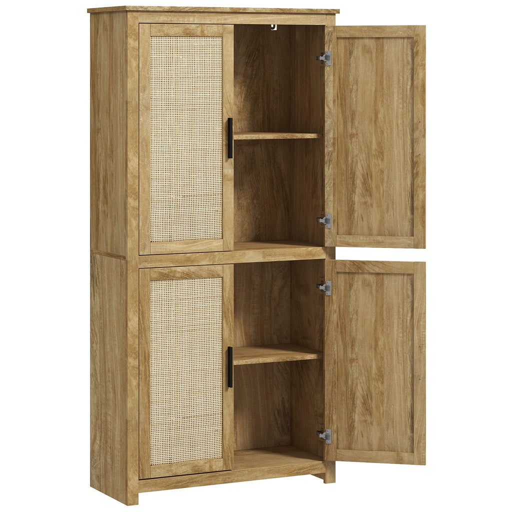 64" Tall Storage Cabinet Kitchen Pantry with 4 Rattan Doors & 4 Tier Shelves, Natural