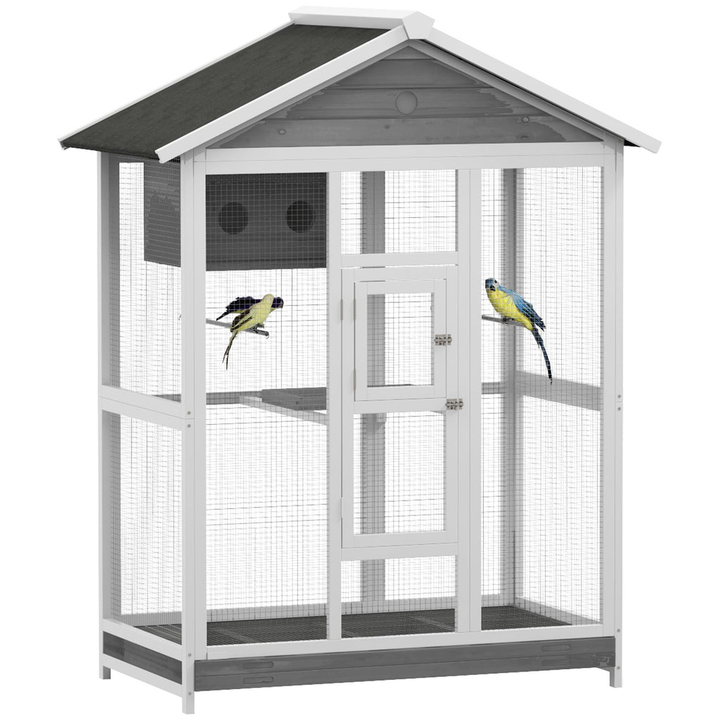 64.5" Wooden Bird Cage Bird Aviary, Flight Cage with 4 Perches, Nest and Slide-Out Tray for Indoor/Outdoor, Gray