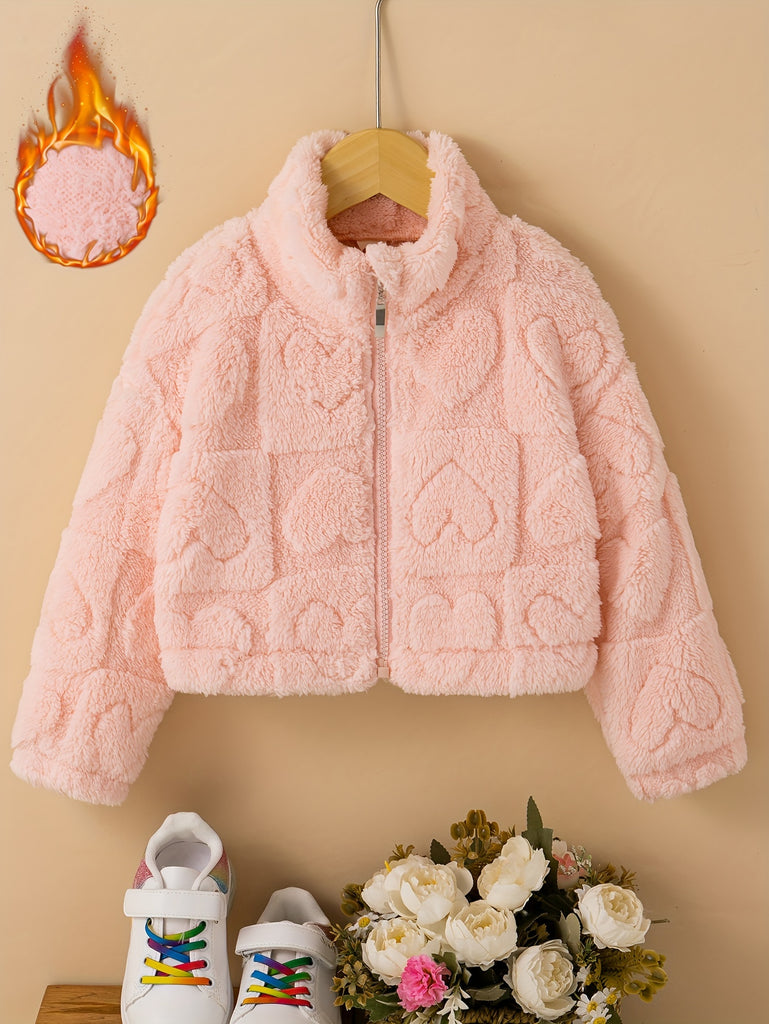 Sweet Stand Collar Coat For Girls, Thick & Warm Zip-up Plush Coats For Winter/Fall 1pc