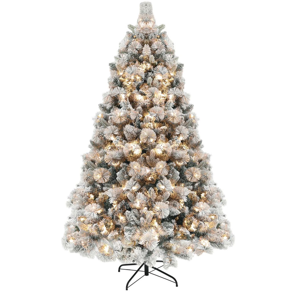 6.5 ft Prelit Flocked Artificial Christmas Tree with 350 Clear Lights, 1107 Tips, Metal Stand for Home Office Holiday