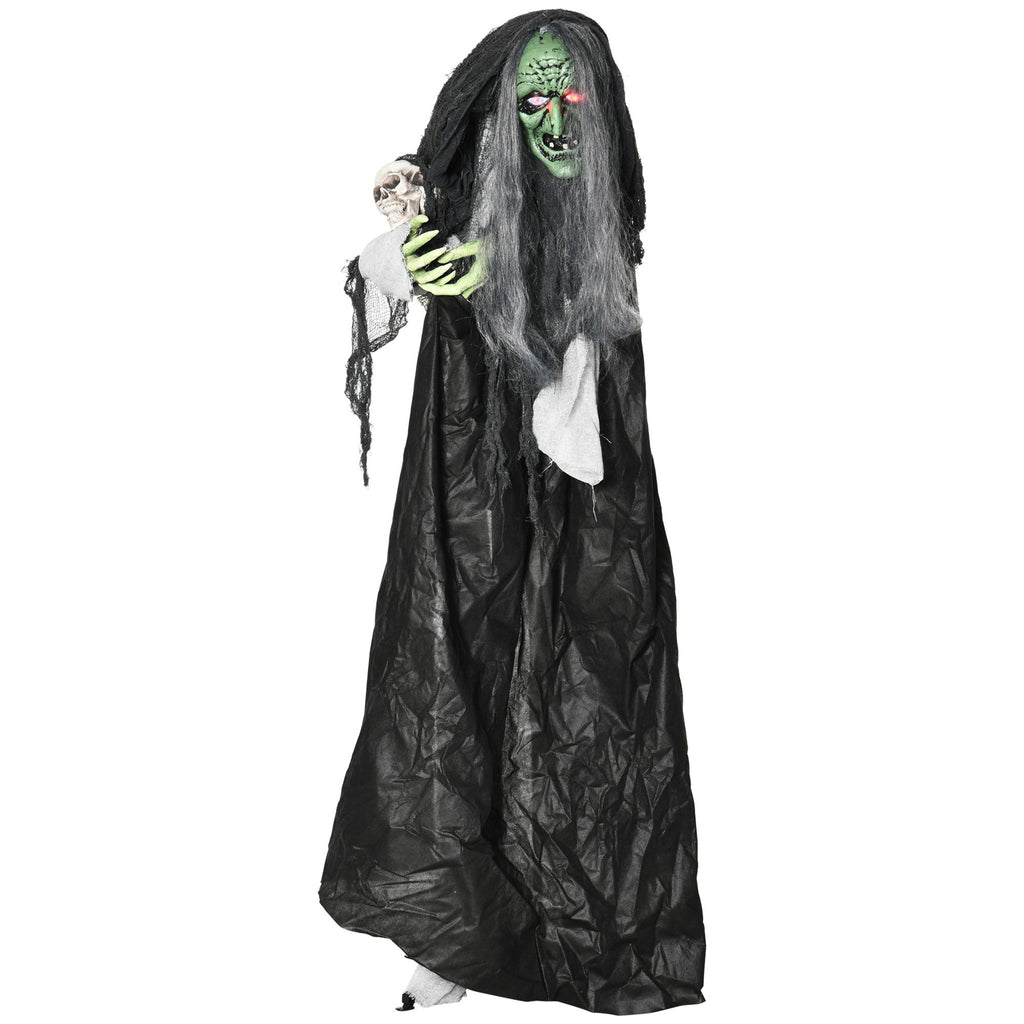 65" Life Size Outdoor Halloween Decorations Green Witch with Skull, Animated Prop Animatronic Décor with Sound and Motion Activated, Light Up Eyes, Spooky Scream Sound