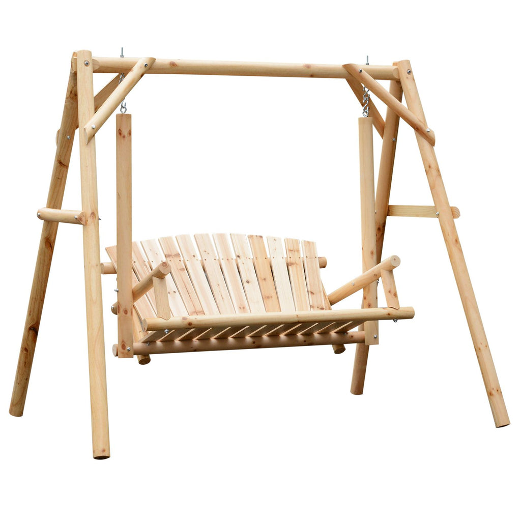 6.5' Outdoor Rustic Patio Swing Chair, 2-Person Porch Swing Chair with Solid Wood Leg, Garden Swing, Natural