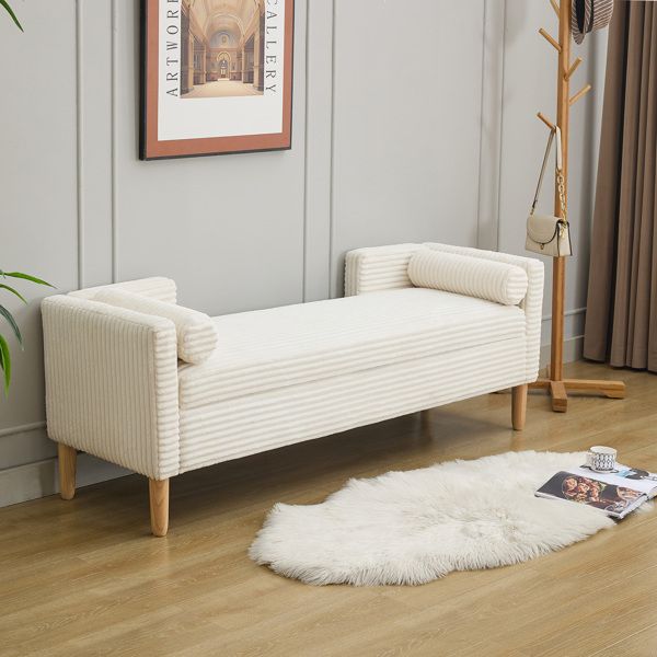 65.35"Wide Corduroy Storage Soft Bench with Armrests, Backrest and Two bolster Pillows for Living Room, Entryway and Bedroom. Ivory