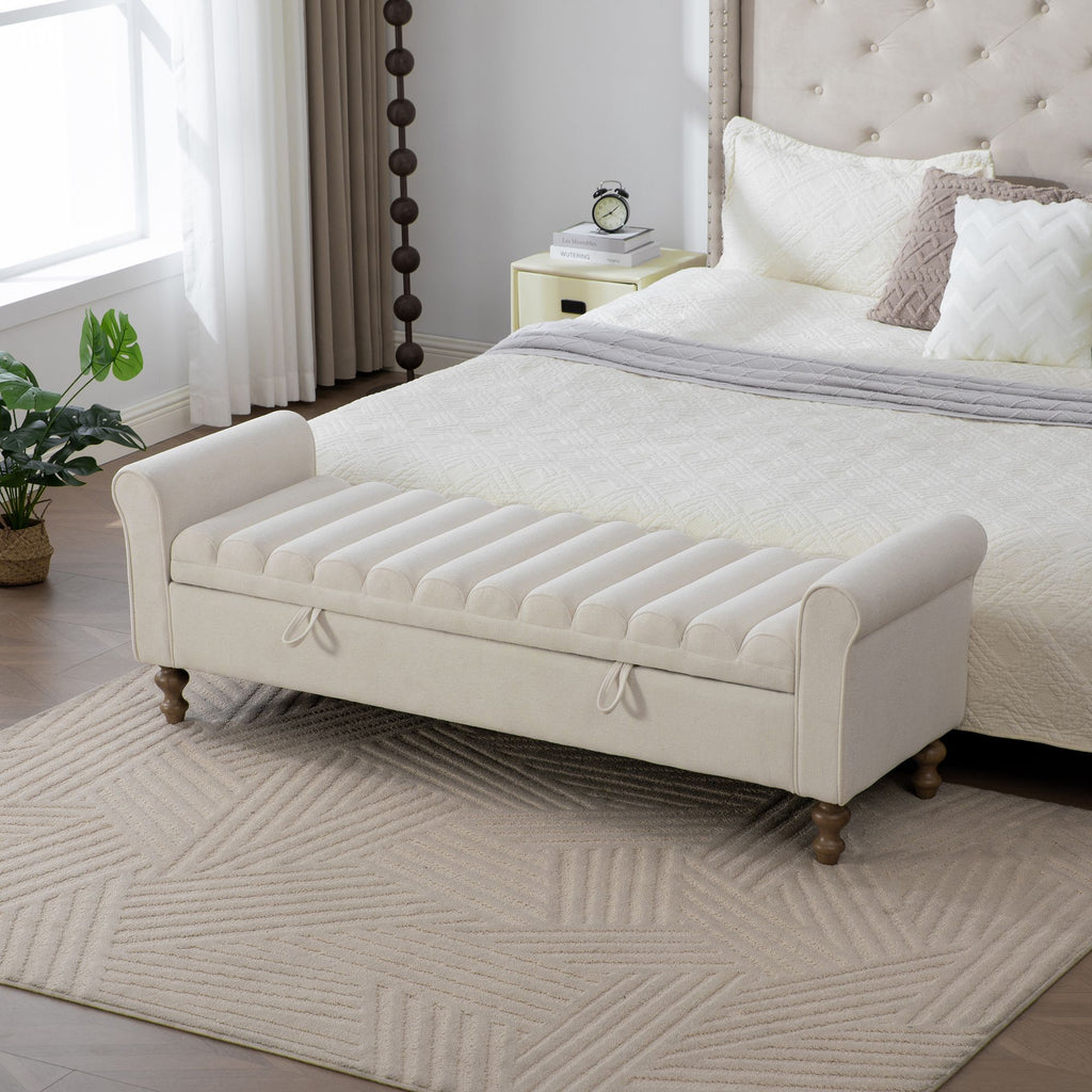 65.55" Wide Modern Upholstered Storage Bench , Napped fabric Bed End Foot Stool With Rolled Armrest, Bench Daybed With Rubberwood Legs For Living Room, Entryway, Dormitory, Bedroom,Beige