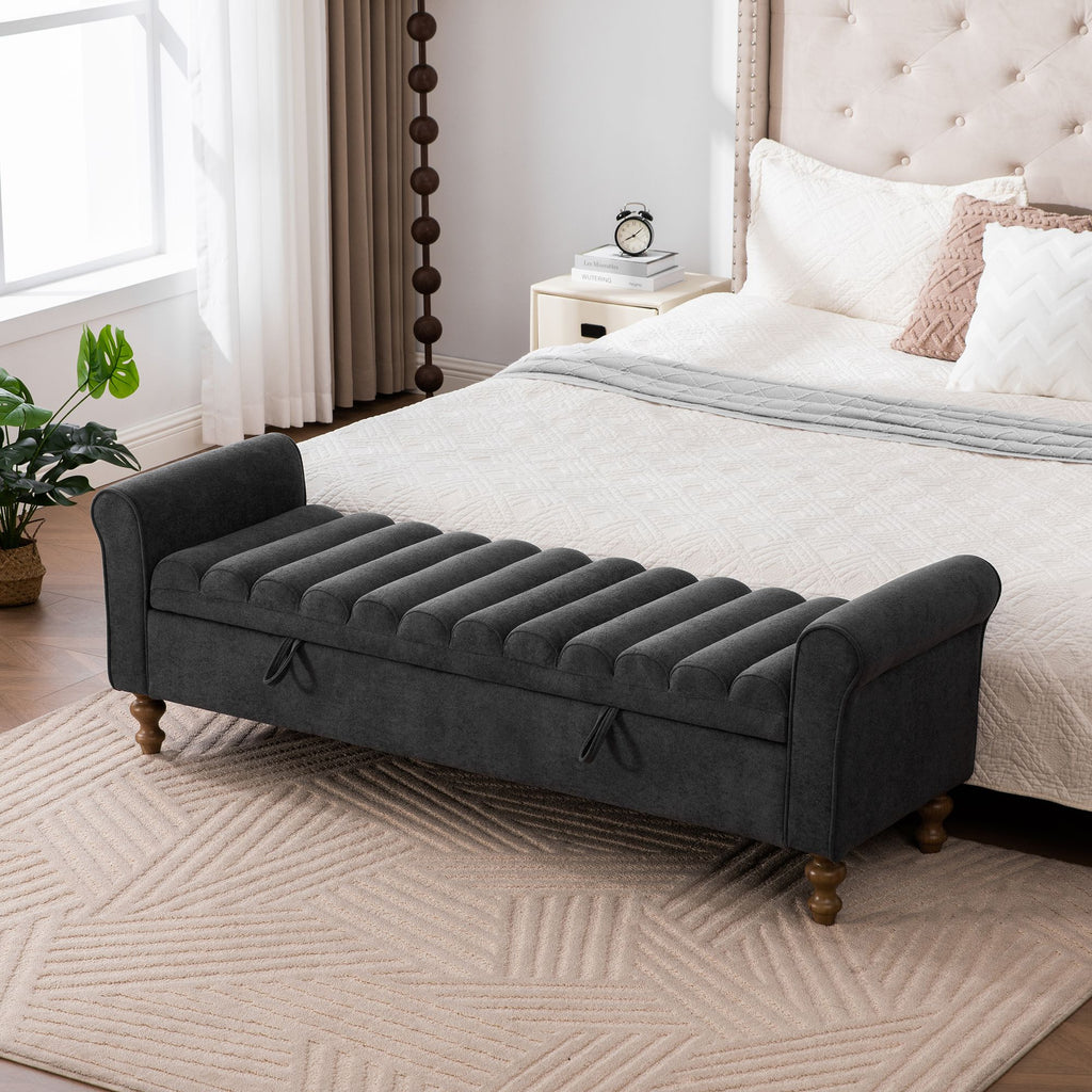 65.55" Wide Modern Upholstered Storage Bench , Napped fabric Bed End Foot Stool With Rolled Armrest, Bench Daybed With Rubberwood Legs For Living Room, Entryway, Dormitory, Bedroom,Charcoal