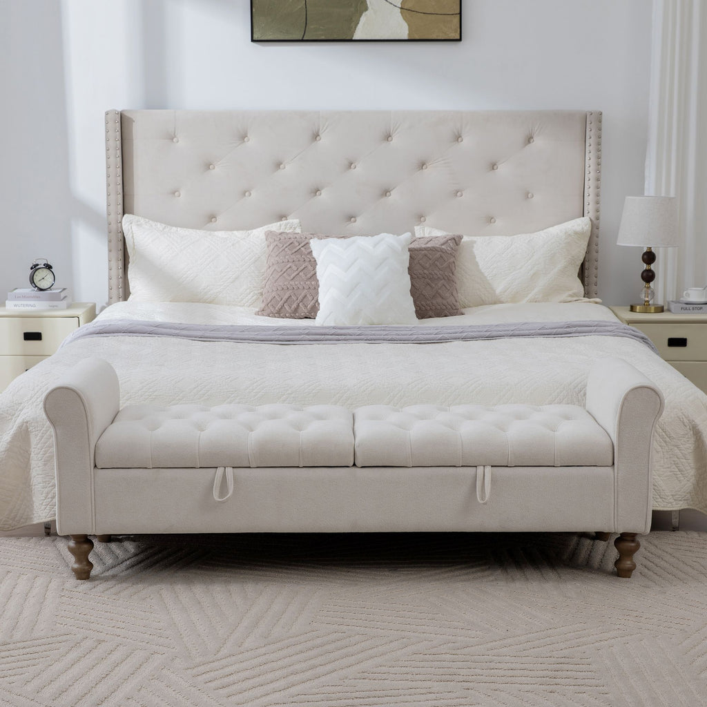 65.75" Wide Modern Upholstered Storage Bench With Double Lids, Napped fabric Foot Stool With Rolled Armrest, Bench Daybed With Rubberwood Legs For Living Room, Entryway, Dormitory, Bedroom,Beige