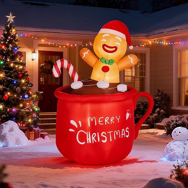 6.5FT Lighted Christmas Inflatable Decoration, Inflatable Gingerbread Man in Cup, Funny Blow Up Yard Decorations with Built-in LED Lights for Holiday Party Front Yard Lawn Garden Decor
