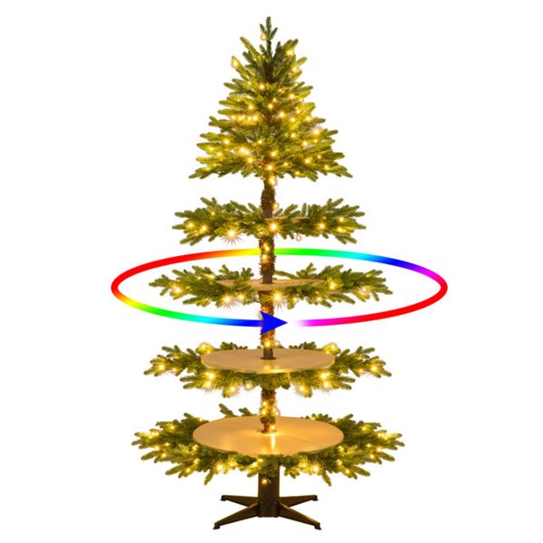 6.5FT Rotating Christmas Tree - 4-Tier Display Shelves, 220 LED Lights 11 Modes, 280 Branch Tips