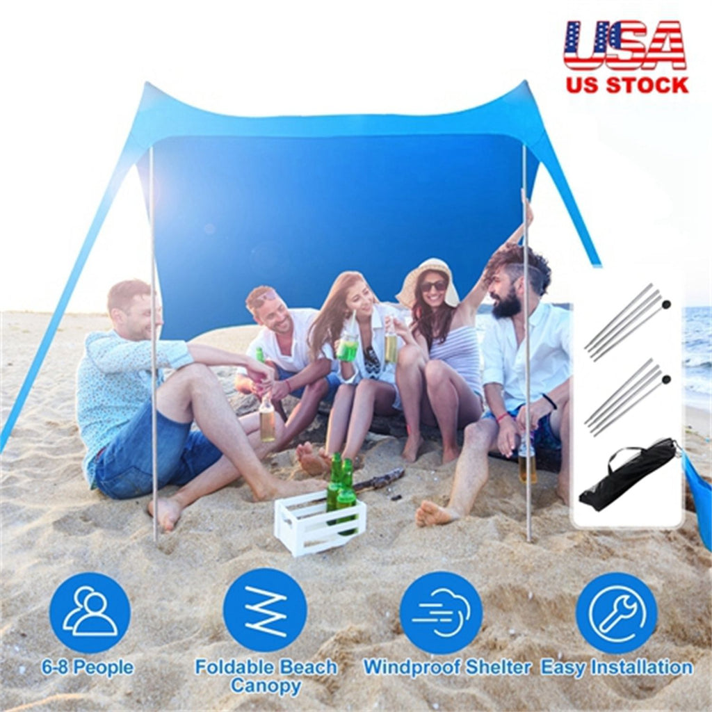 6.5x6.5FT Foldable Beach Canopy Tent Collapsible Shade Sail Sun Protection Windproof Shelter 4 Sandbag 2 Pole Portable Storage Bag Rectangle Blue(No shipments on weekends)