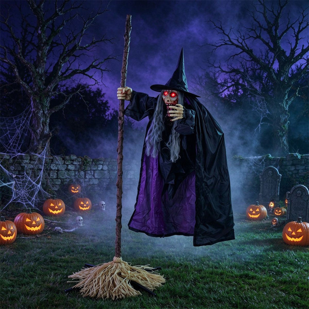 6.6 FT Halloween Animatronic Flying Witch on Broom, Sound Activated with Flashing Red Eyes & Cackling Laugh, Life Size Hovering Witch Prop for Haunted House Yard Decor
