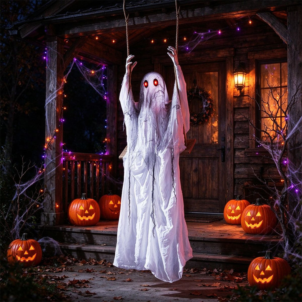 6.6ft Animated Swinging Hanging Ghost Halloween Prop, Sound & Button Activated with Flashing Red Eyes & Creepy Laughs, Trembling Ghost for Porch Tree Decor