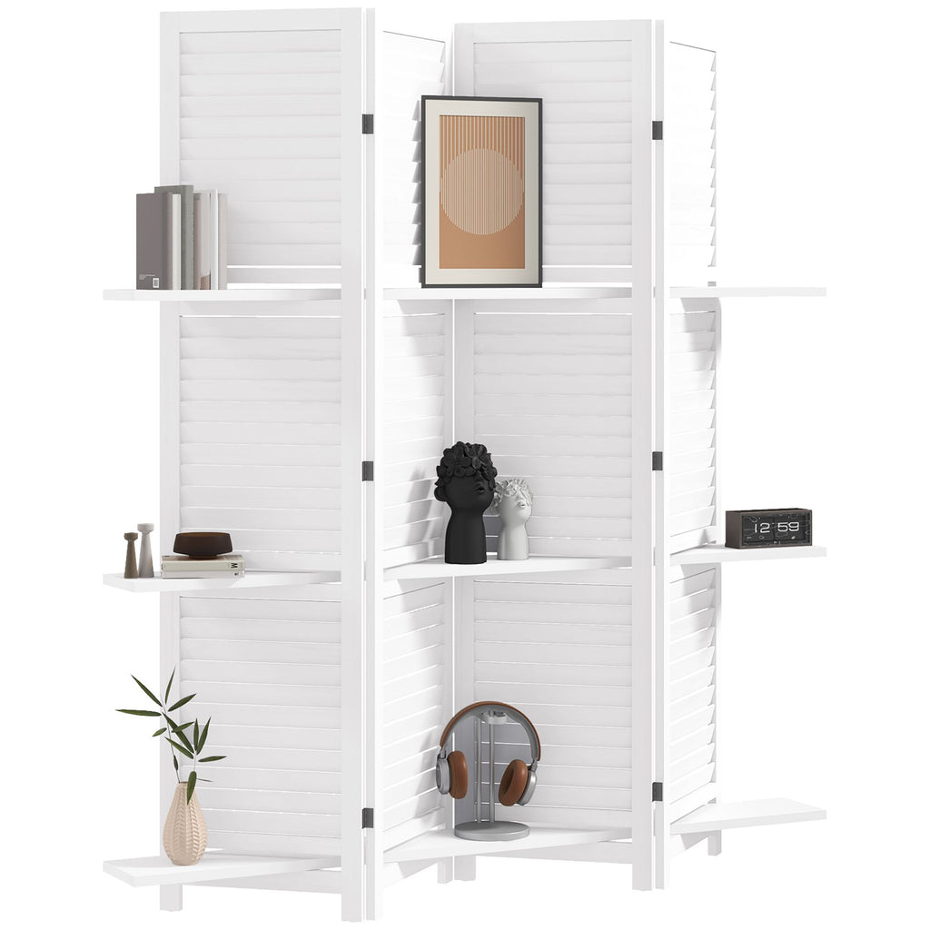 67" 4-Panel Portable Room Divider, Wooden Privacy Screen with Display Shelves, Folding, White