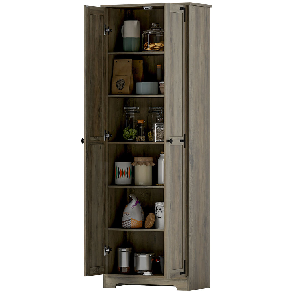 67" Farmhouse Pantry Cabinet, Freestanding Food Pantry Cabinet with Adjustable Shelves, Distressed Gray