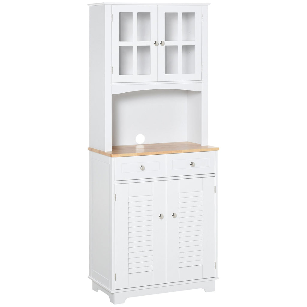 67" Kitchen Hutch Cabinet, kitchen Pantry with Framed Glass Doors, Louvered Cabinets, 2 Drawers, and Open Microwave Countertop, White