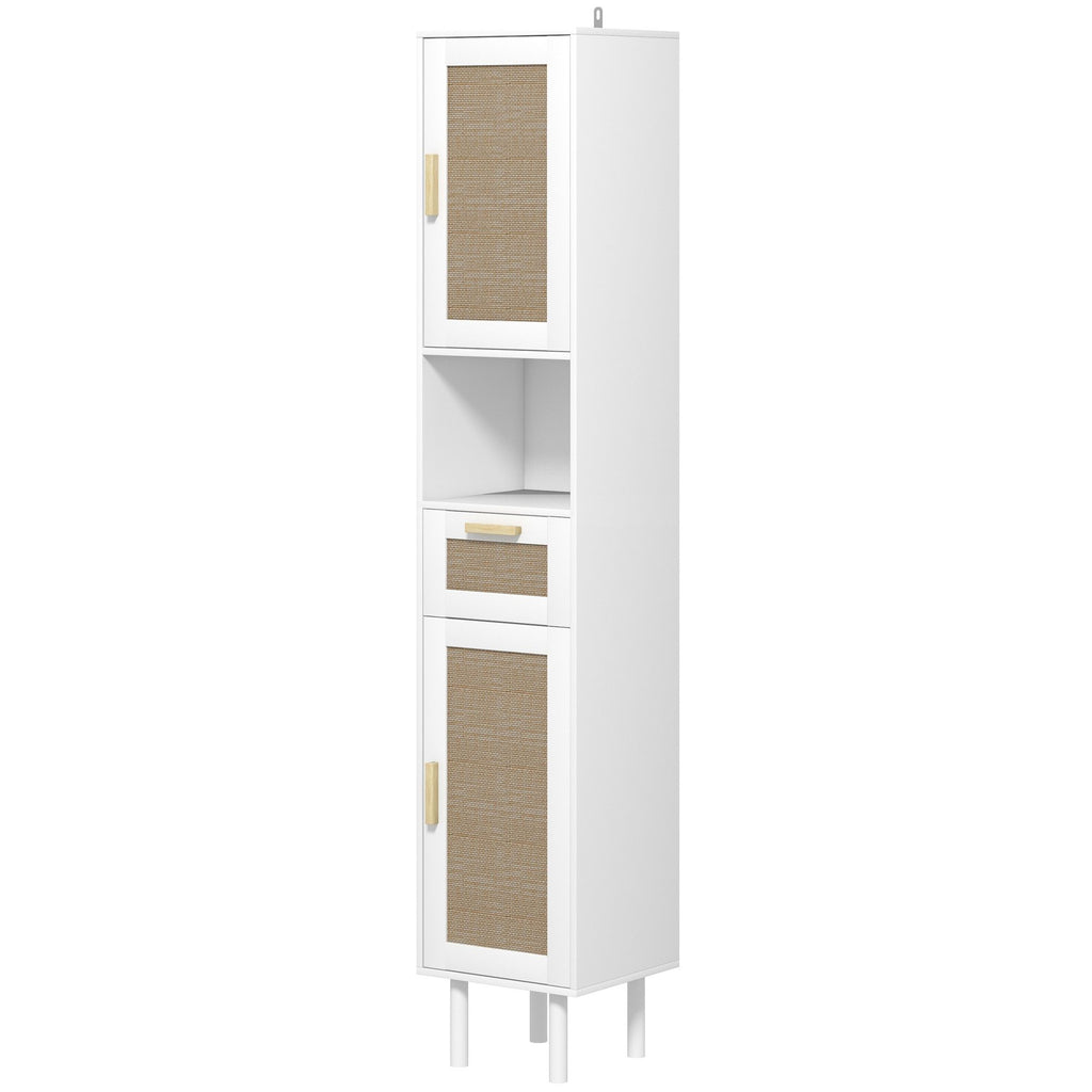 67" Tall Bathroom Storage Cabinet, Freestanding Narrow Cabinet w/ Rattan Doors & Adjustable Shelves, White