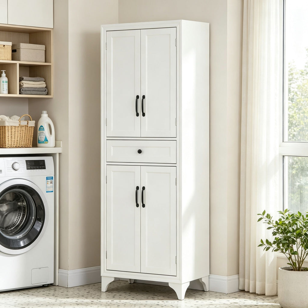 67" White 4-Door Kitchen Pantry with Drawer and Adjustable Shelves, Large-Capacity Storage Cabinet
