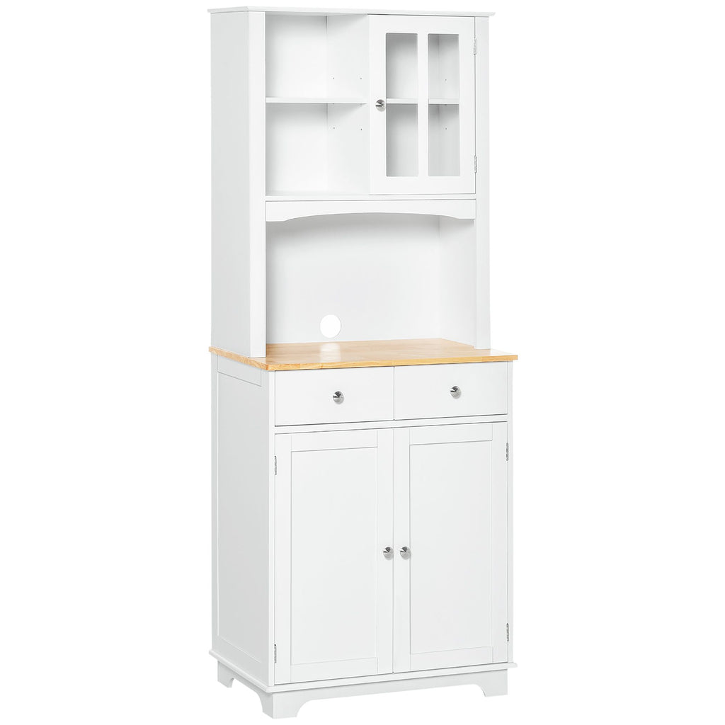 67" White Kitchen Hutch Cabinet Spacious Pantry with Framed Doors Microwave Shelf 2 Drawers