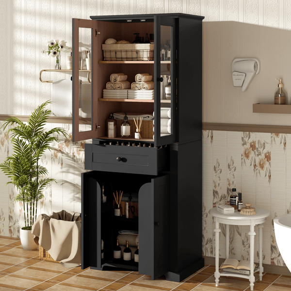 67.2" Tall Bathroom Storage Cabinet with Tempered Glass Doors, Adjustable Shelves & Drawer – Modern Freestanding Linen Tower, Soft-Close Design