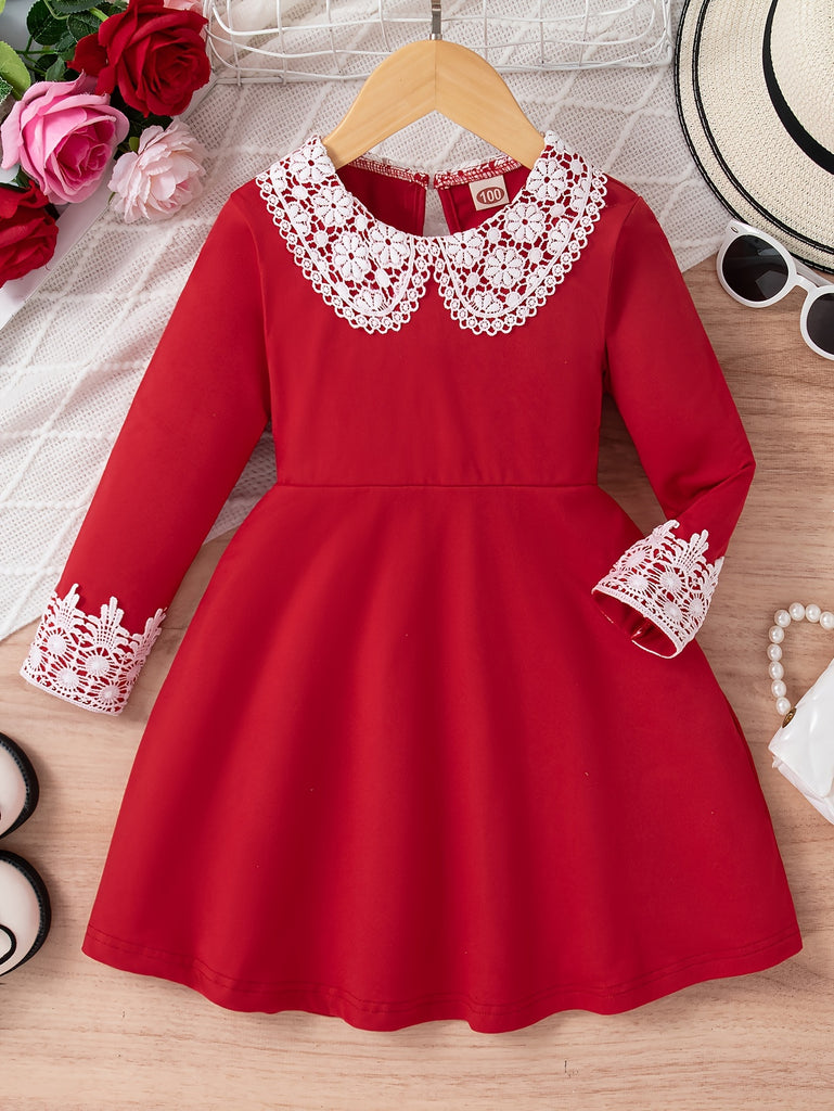 Sweet Lace Applique Princess Dress For Girls, Solid A-line Doll Collar Holiday Party Occasion Wear