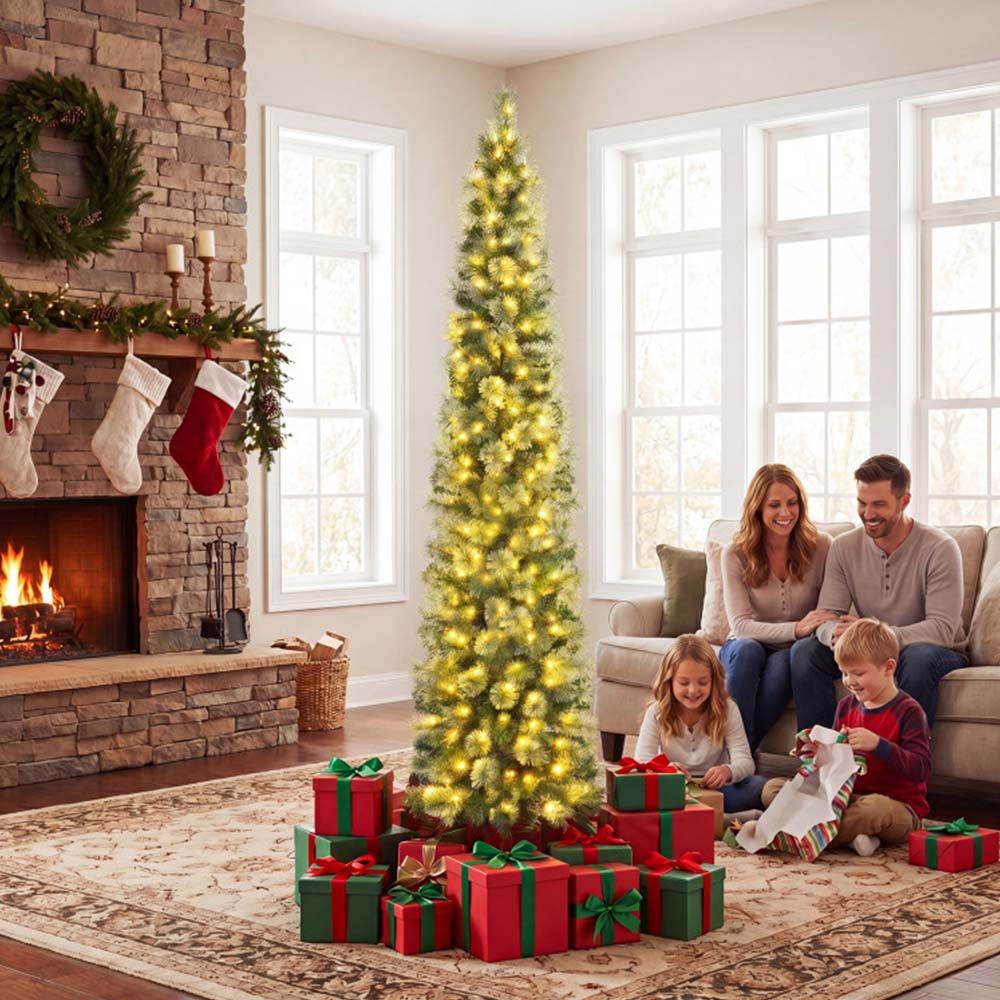 6/7/8 FT Pre-Lit Pencil Artificial Christmas Tree with 120/150/200 LED Warm White Lights and 8 Modes