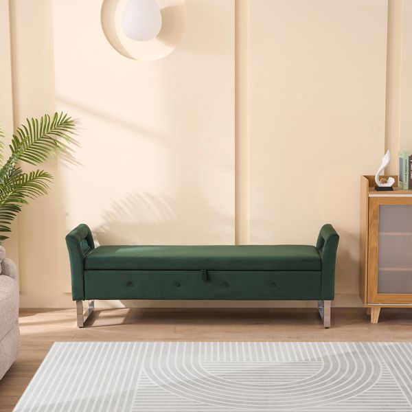 67.91"Wide Velvet Storage Soft Bench with Armrests for Living Room, Entryway and Bedroom. GREEN