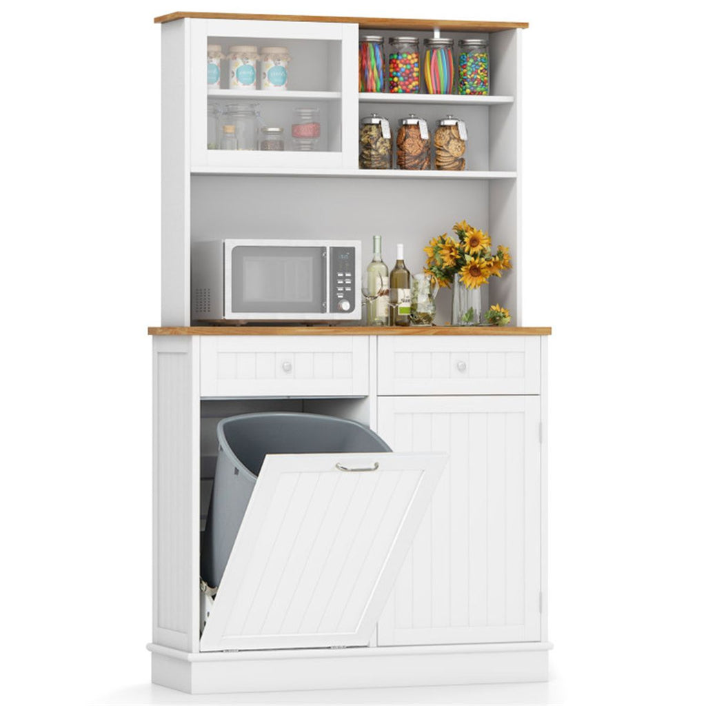 68-Inch Tilting Trash Cabinet with Hidden Trash Can & Multi-Storage Compartments, White & Natural Wood