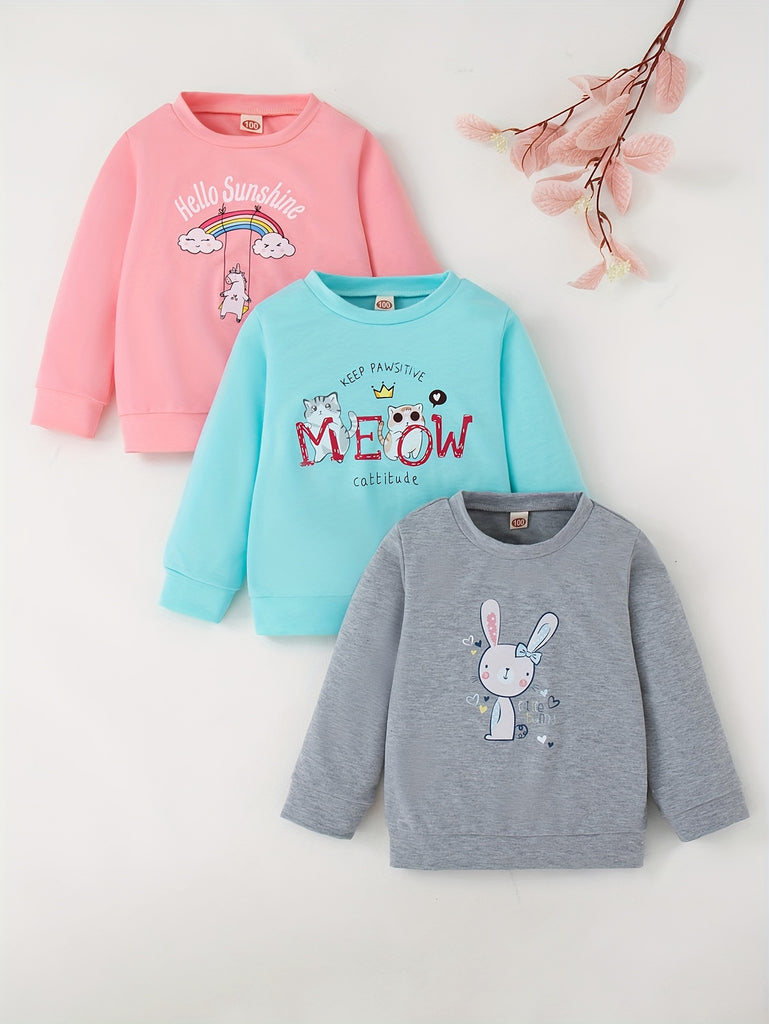 3 Packs Baby Girls Toddler Girls "hello Sunshine Meow Keep Pawsitive Cattitude" Print Cartoon Rabbit & Unicorn & Kitten Print Cute Sweatshirt For Spring And Summer