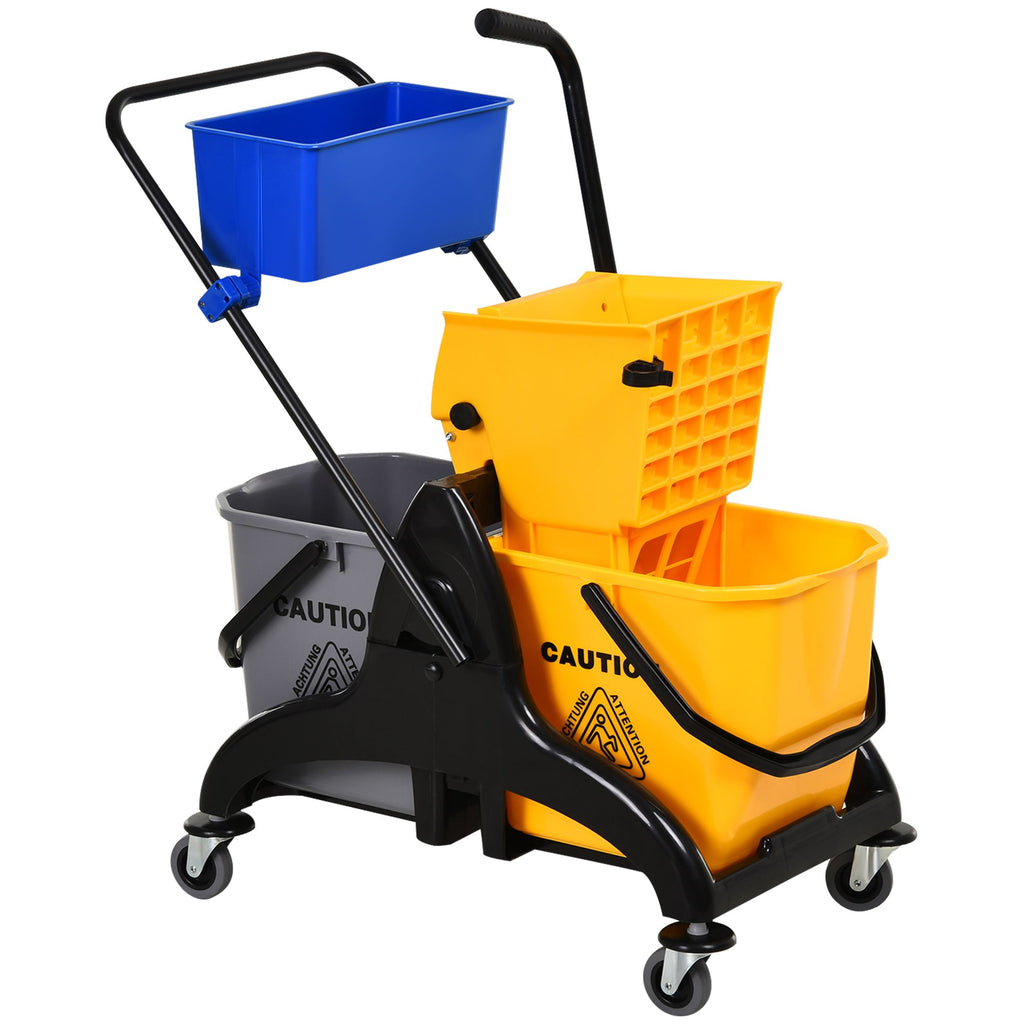 6.9 Gallon Mop Bucket Wringer Cart Easy Side Press Yellow/Black Smooth Wheels & Mop-Handle Holder