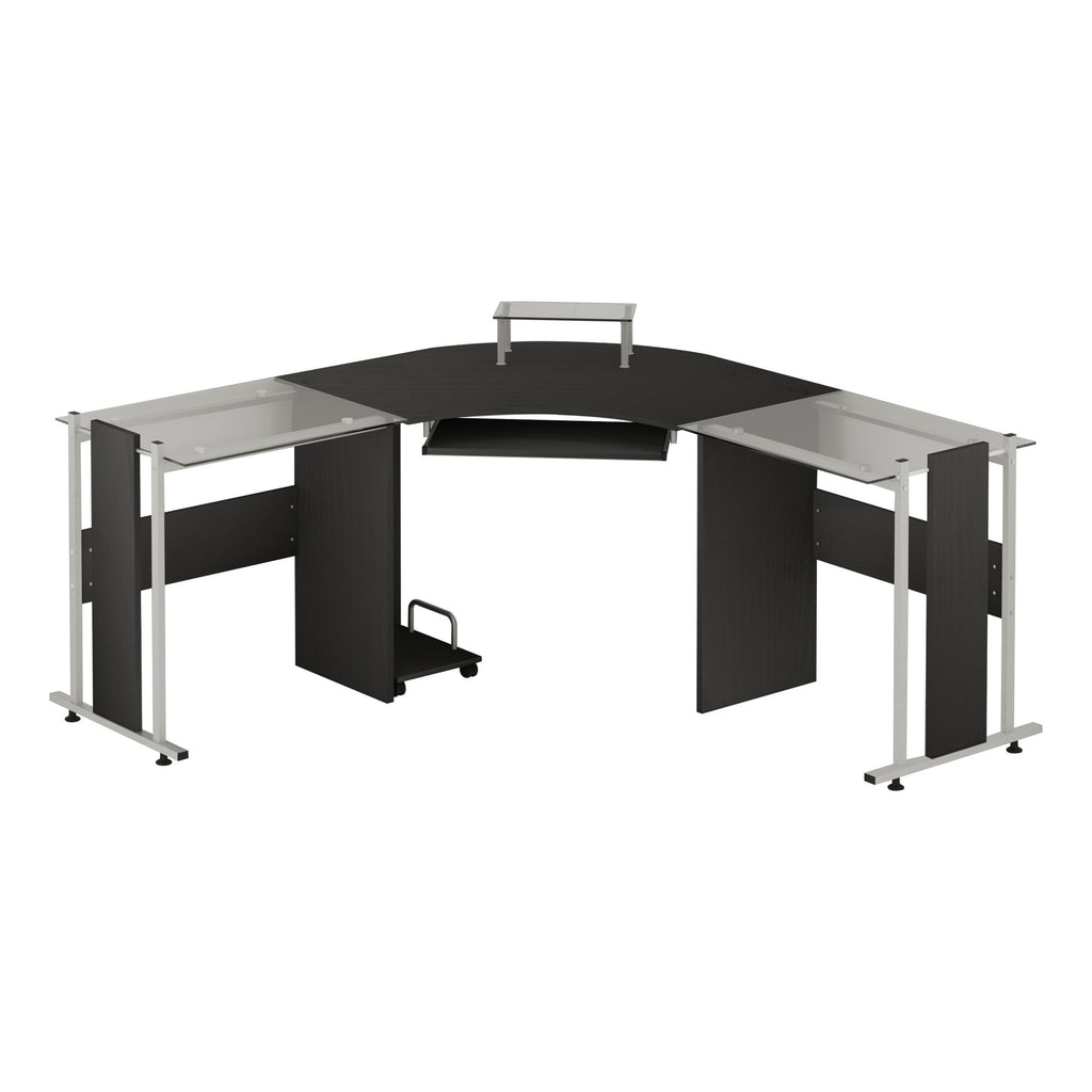 69" L Shaped Corner Computer Desk, with Elevated Monitor Stand, Rolling CPU Holder, Pull Out Keyboard Tray Glass Top, Black