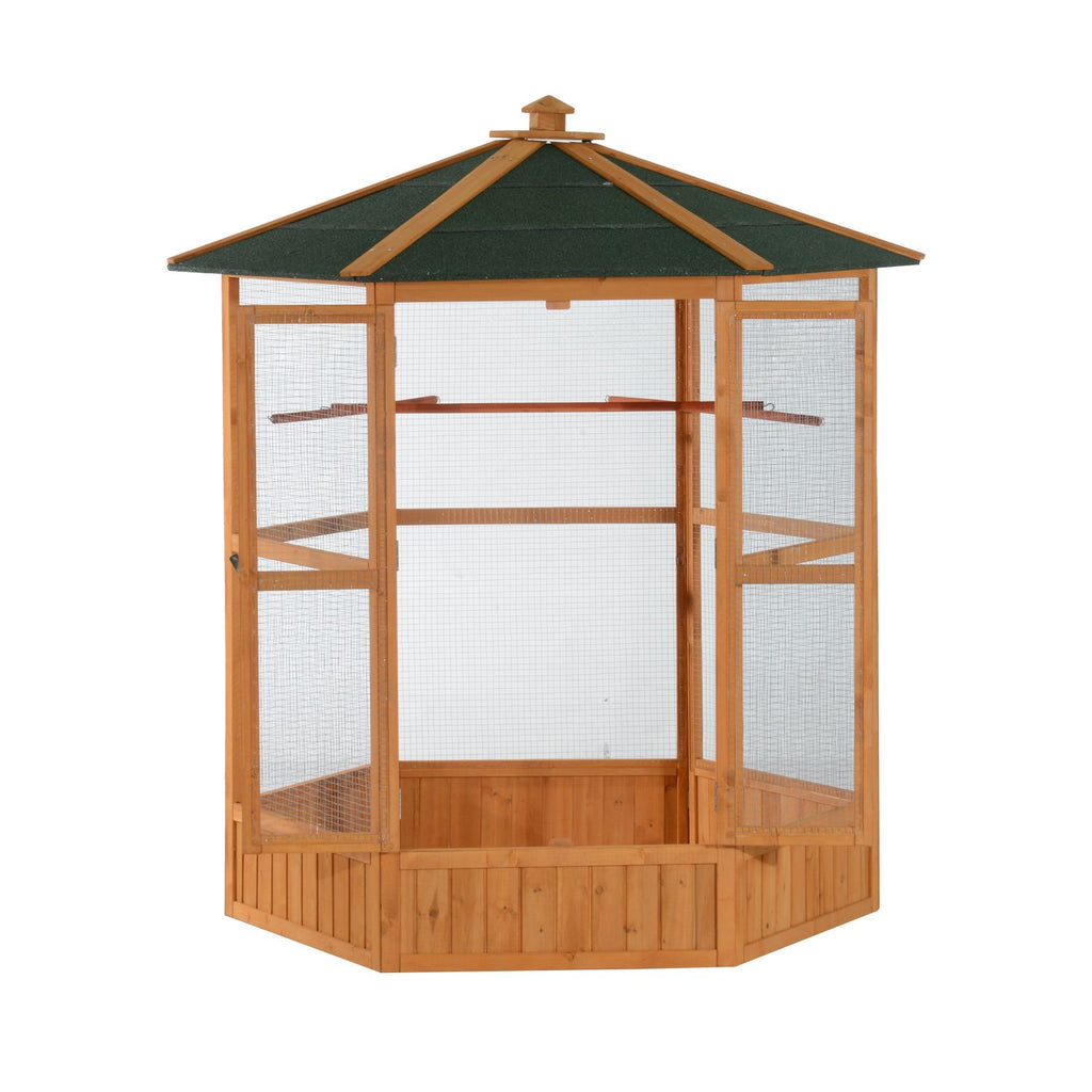 69" Large Wooden Bird Aviary Hexagonal Outdoor Aviary Flight Bird Cage With Covered Roof, Brown
