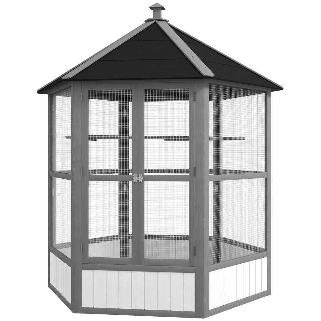 69" Outdoor Wooden Hexagonal Aviary, Flight Bird Cage, Covered Roof, Weather-Resistant, Light Gray