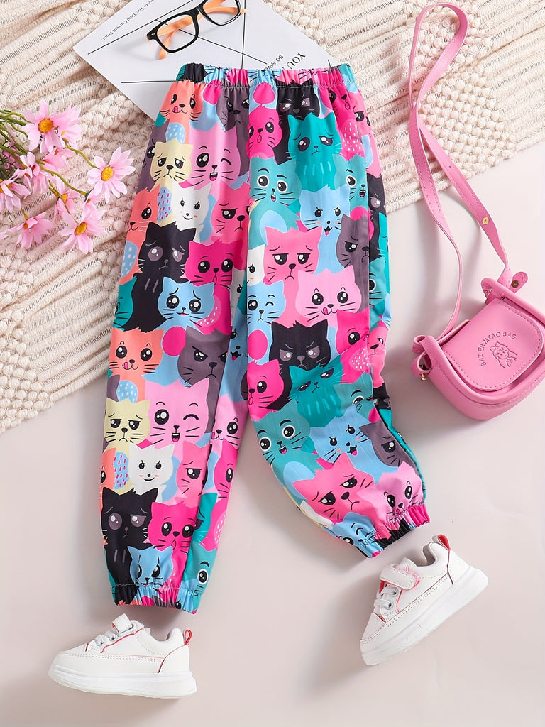 Toddler Girls Cute & Casual Jogger Pants Cat Print Cartoon Graphic For Spring And Summer And Autumn