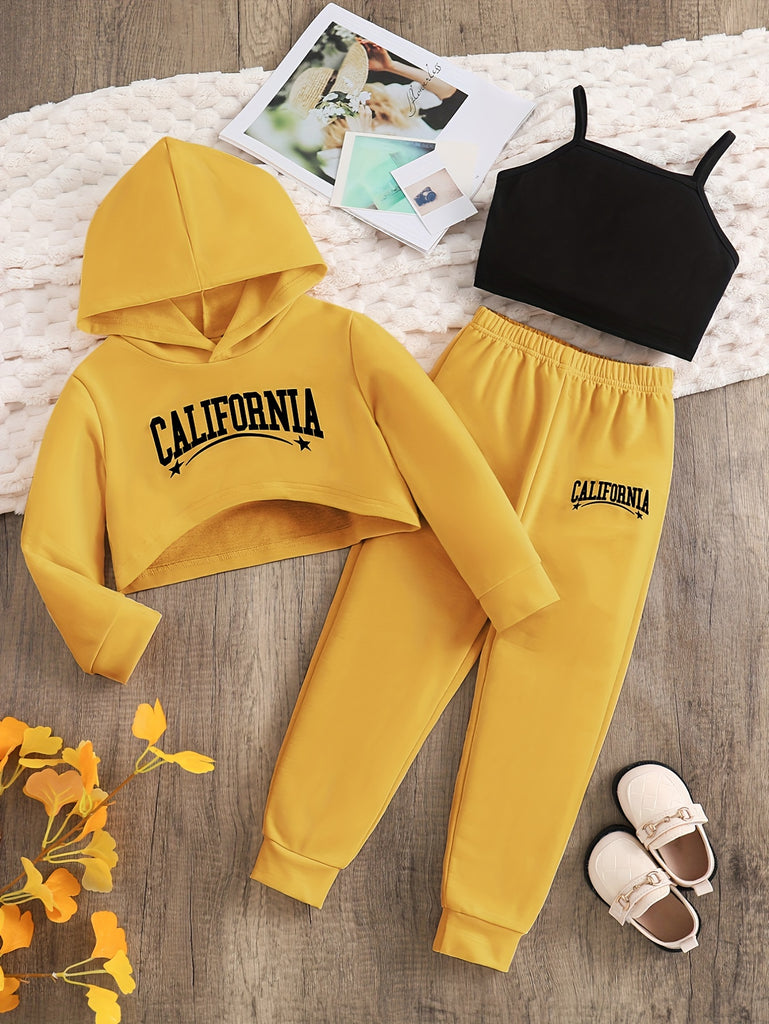 Toddler Girl's Trendy Outfit 3pcs, Crop Hoodie & Cami Top & Jogger Pants Set, Kid's Clothes For Spring Fall