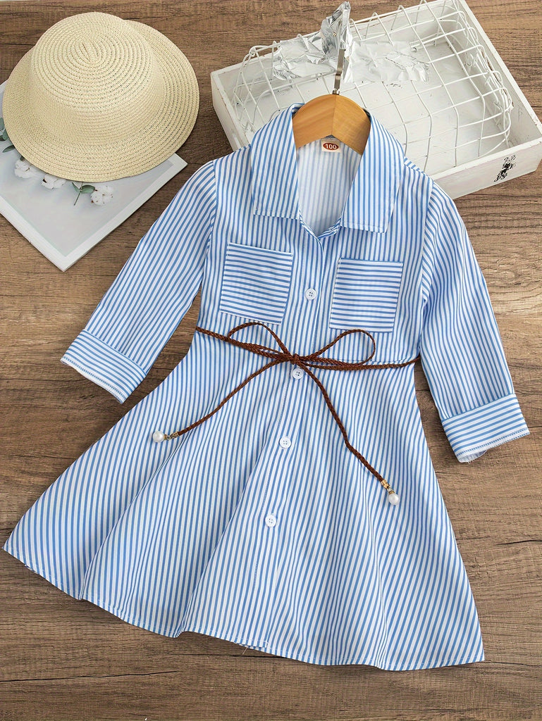 Striped Shirt Dress & Belt For Girls, Elegant Style Long-Sleeved Button Up Casual Dresses, Gift