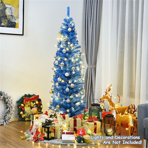 6FT Artificial Christmas Tree - 520 Branch Tips, Blue/Pencil Shape Design, Eco-Friendly PVC + Sturdy Metal Stand