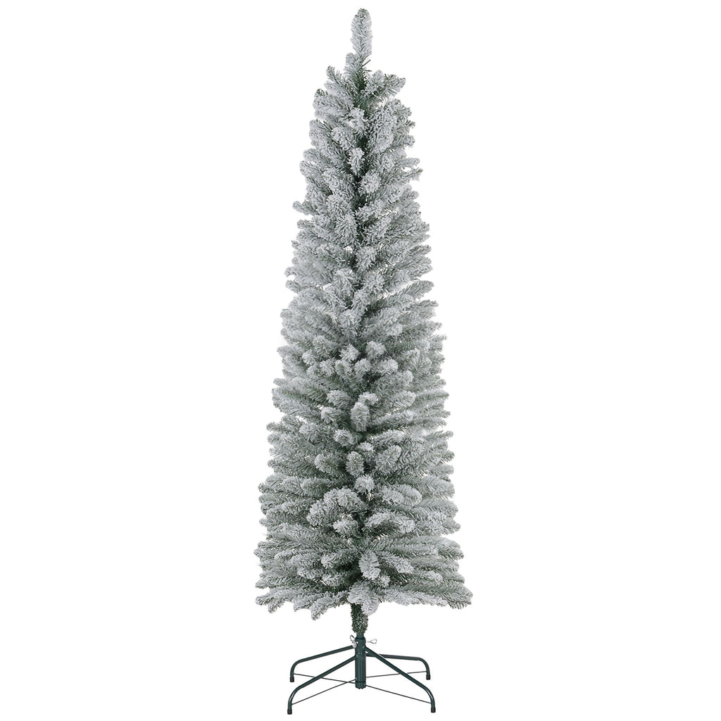 6ft Artificial Christmas Tree, Snow Flocked Branches, Metal Base, Pencil Xmas Tree