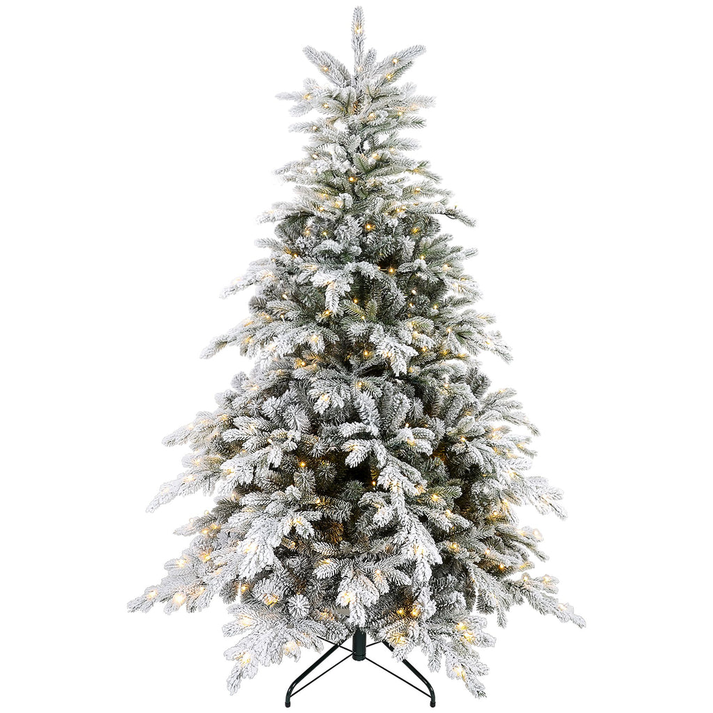 6ft Artificial Prelit Christmas Tree with Warm White LED Light and Snow Flocked Branches, Metal Base