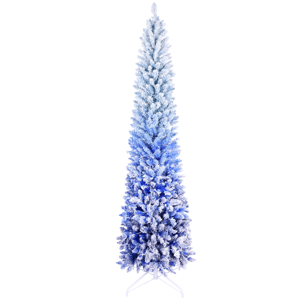6FT Blue Gradient Flocked Pencil Christmas Tree with 200 Warm White LED Lights, 485 Tips, Hinged Branches, Slim Design, Metal Stand – Narrow Prelit Tree for Holiday Home Decor