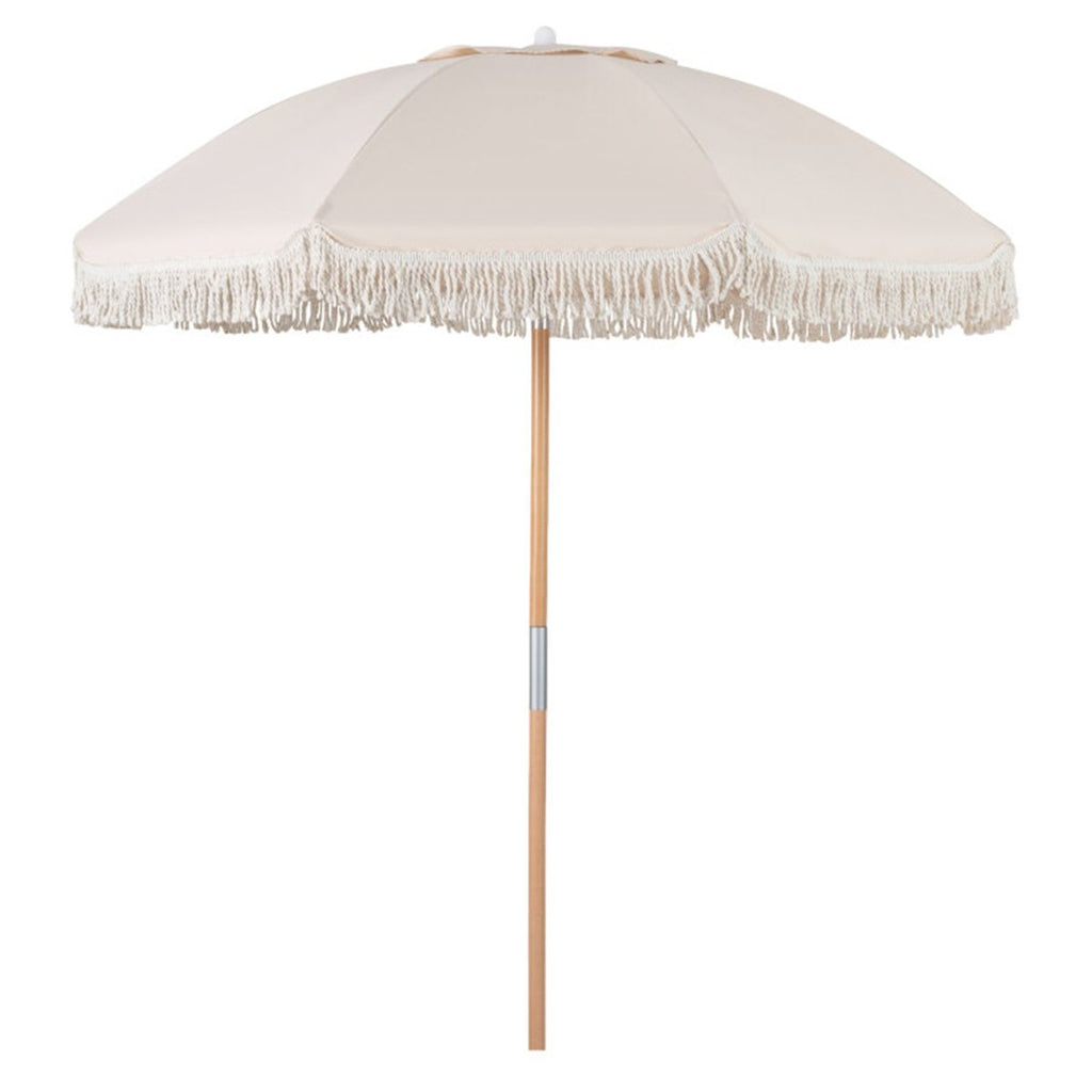 6ft Boho Patio Umbrella with Tassels, Beech Wood Pole & Fiberglass Ribs, Push-Button Tilt Outdoor Umbrella