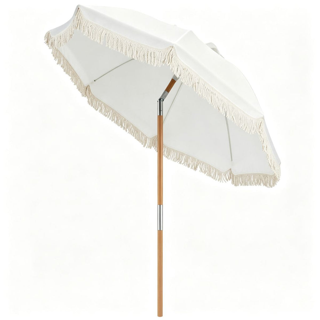 6ft Boho Patio Umbrella with Tassels, Beech Wood Pole & Fiberglass Ribs, Push-Button Tilt Outdoor Umbrella