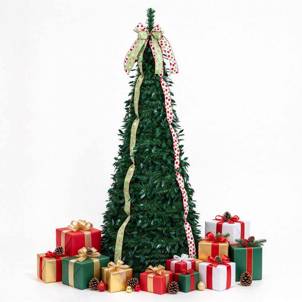 6ft Collapsible Pop Up Christmas Tree Artificial PVC Xmas Tree with Satin Ribbons & Bow Unlit Holiday Decor for Home Office