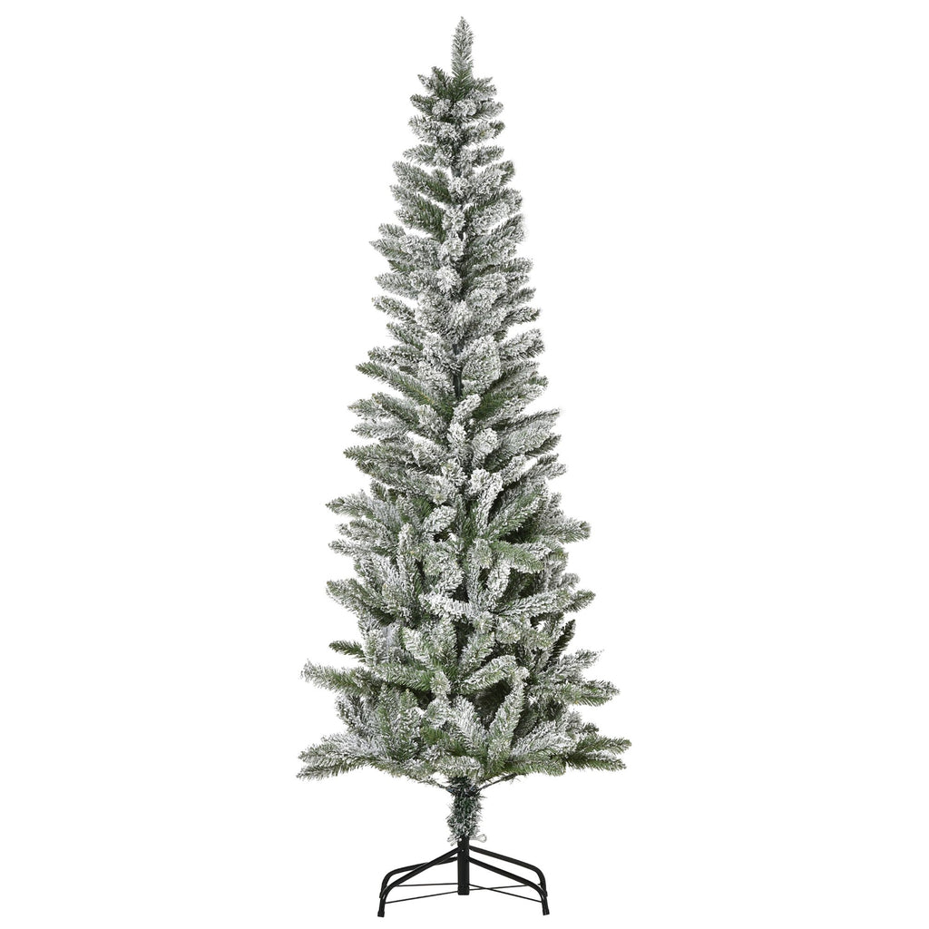 6ft Flocked Artificial Christmas Tree Pencil Design with 394 Branches Detachable Base Green and White