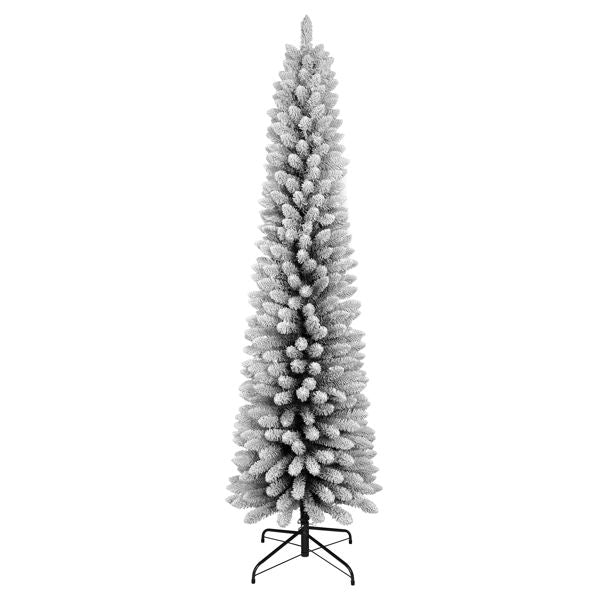 6FT Flocked Pencil Christmas Tree – Slim PVC Tree with 358 Snowy Tips, Space-Saving Design, Realistic Snow Effect, Sturdy Metal Stand, Easy Setup--Not support self-pick up