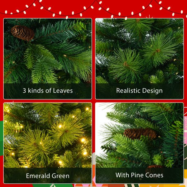 6FT Grass Green Christmas Tree, Large Branches Pine Tree, Pre-Lit Set with Tree & Garland & Wreath, Artificial Christmas with Pine Cones, Hinged Xmas Tree , for Holiday Party Ofiice Home