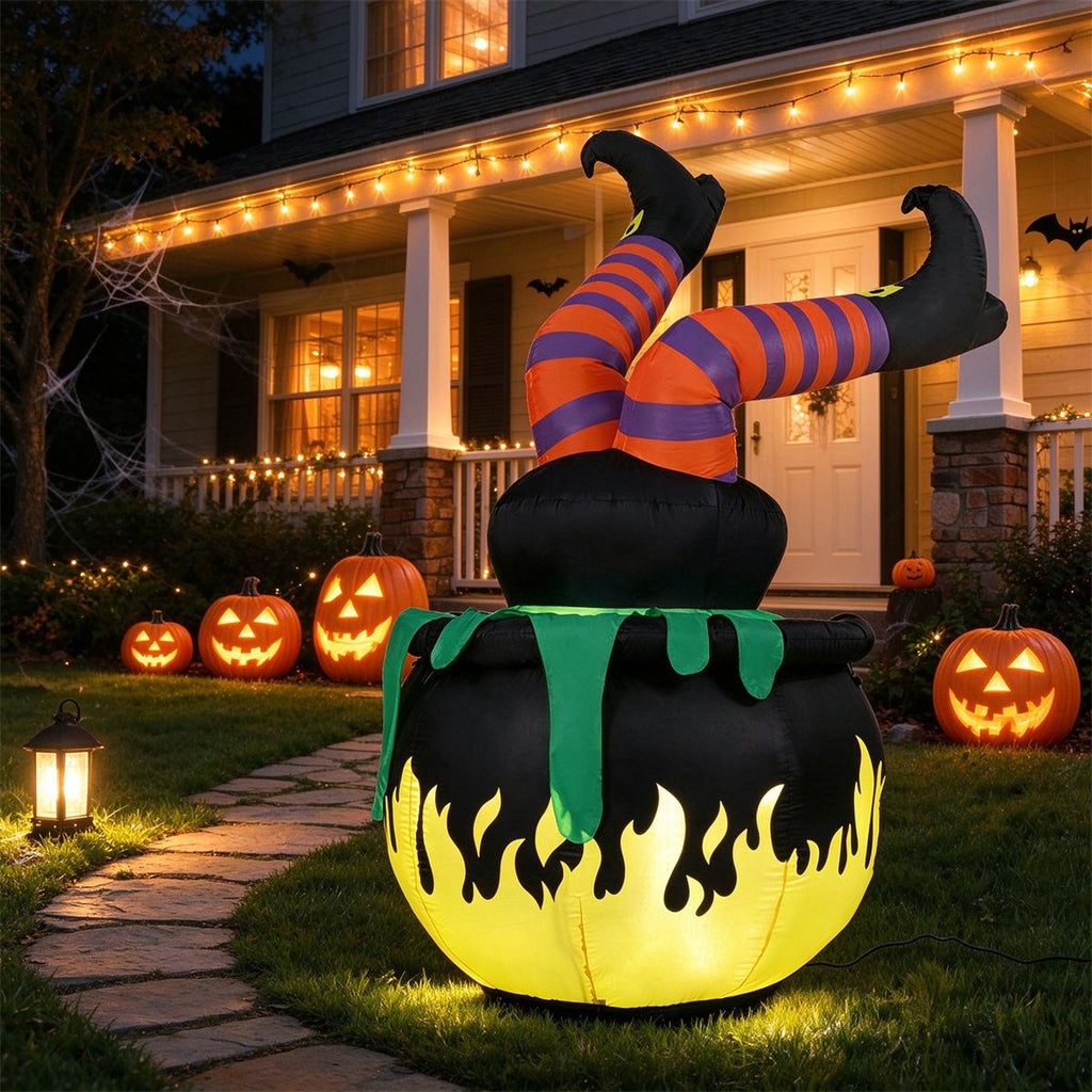 6FT Halloween Inflatable Animated Kicking Witch, LED Light Up Flaming Cauldron, Weather Resistant Polyester with Fixing Kit for Yard Lawn Decor